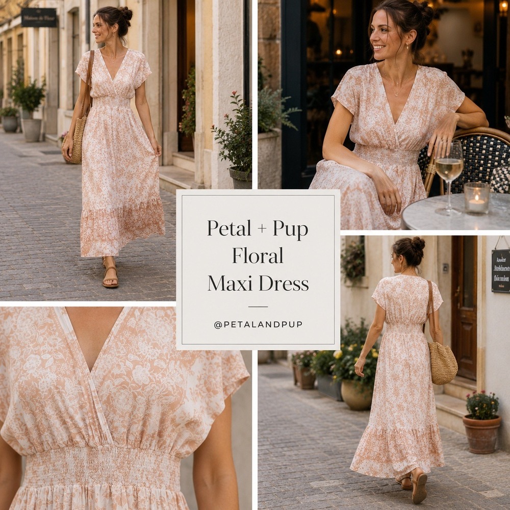 Petal & Pup Peach Floral Maxi Dress‎ Smocked Waist V-Neck Rayon Womens 10